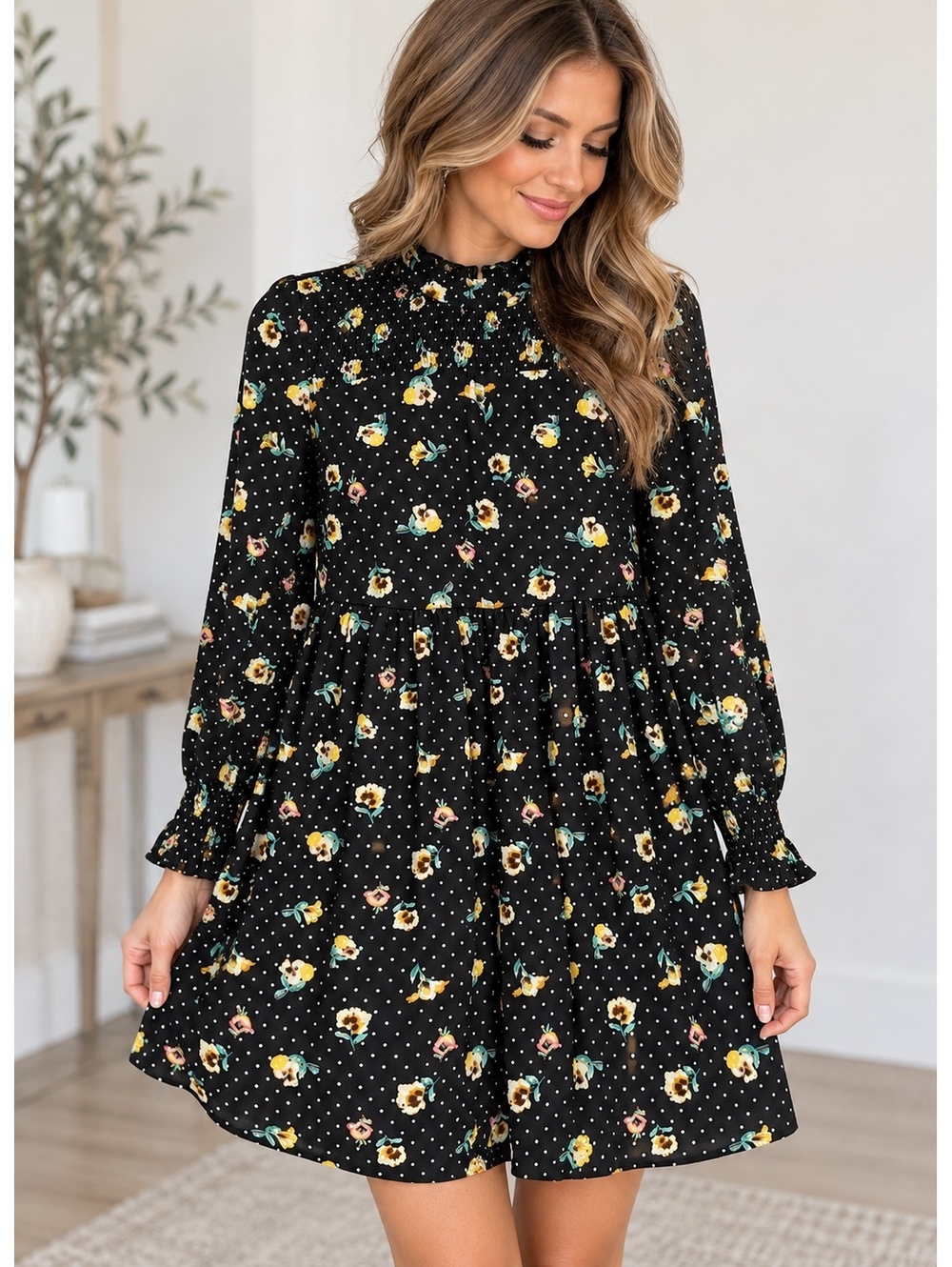 Jacqueline de Yong JDY Nikki Floral Polka Dot Smock Mini Dress Size 34 XS